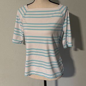 Talbots Womens Medium 3/4 Sleeve White Blue Striped Square Neck Blouse Top Shirt